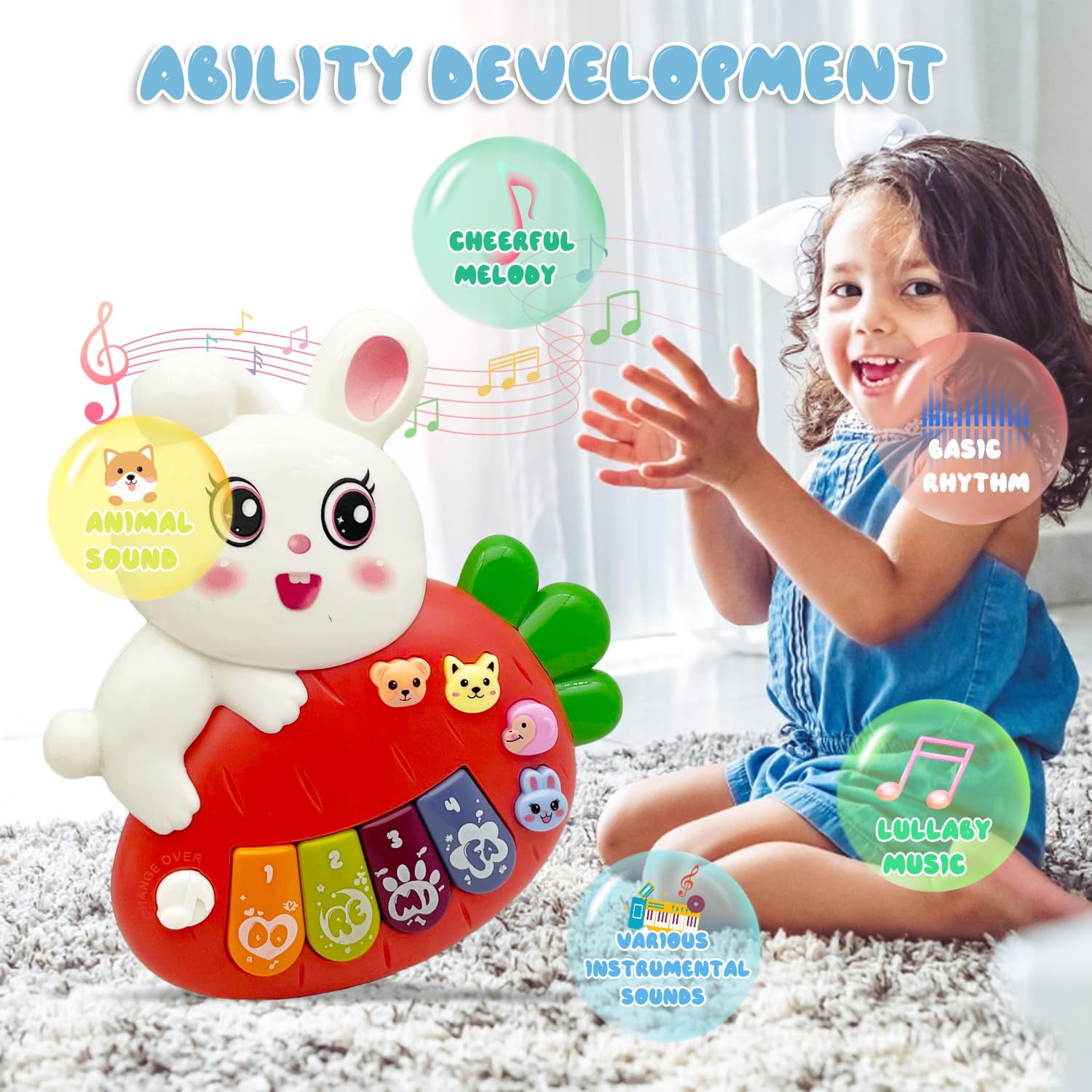 Baby Piano Toy Electronic Keyboard with Animals Sounds, Musical Toys for Babies 12M+(Rabbit)
