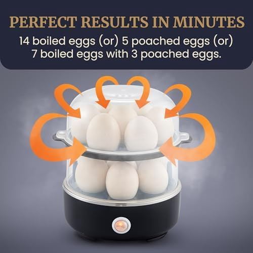 EGC1215B Easy Egg Cooker, Stainless-steel Heating Plate, Two-Tiered, 14-Egg Capacity, Soft, Medium, Hard-Boiled, Auto Shut-Off, Omelets, Poached Eggs, Measuring Cup, Piercing Pin, Black