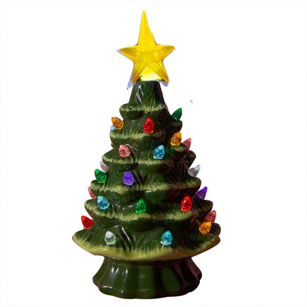 Vintage 15" Retro Nostalgic Ceramic Green Glaze Lighted Table Top Christmas Tree 
