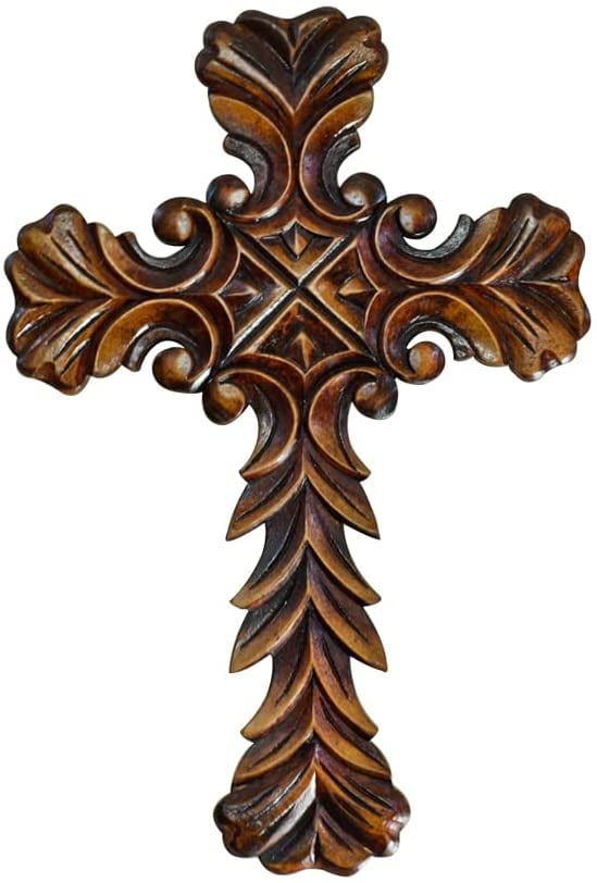 Ajuny Brown Wood Wall Cross Hanging Hand Carved Design Religious Decor ...