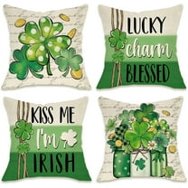 St. Patricks Decorative Throw Pillow Covers 16 x 16 Set of 4, Lucky Charm Blessed Shamrock Clover Spring Outdoor Pillowcase, Coins Mason Jar Me I''m Irish Cushion Case Home Decor