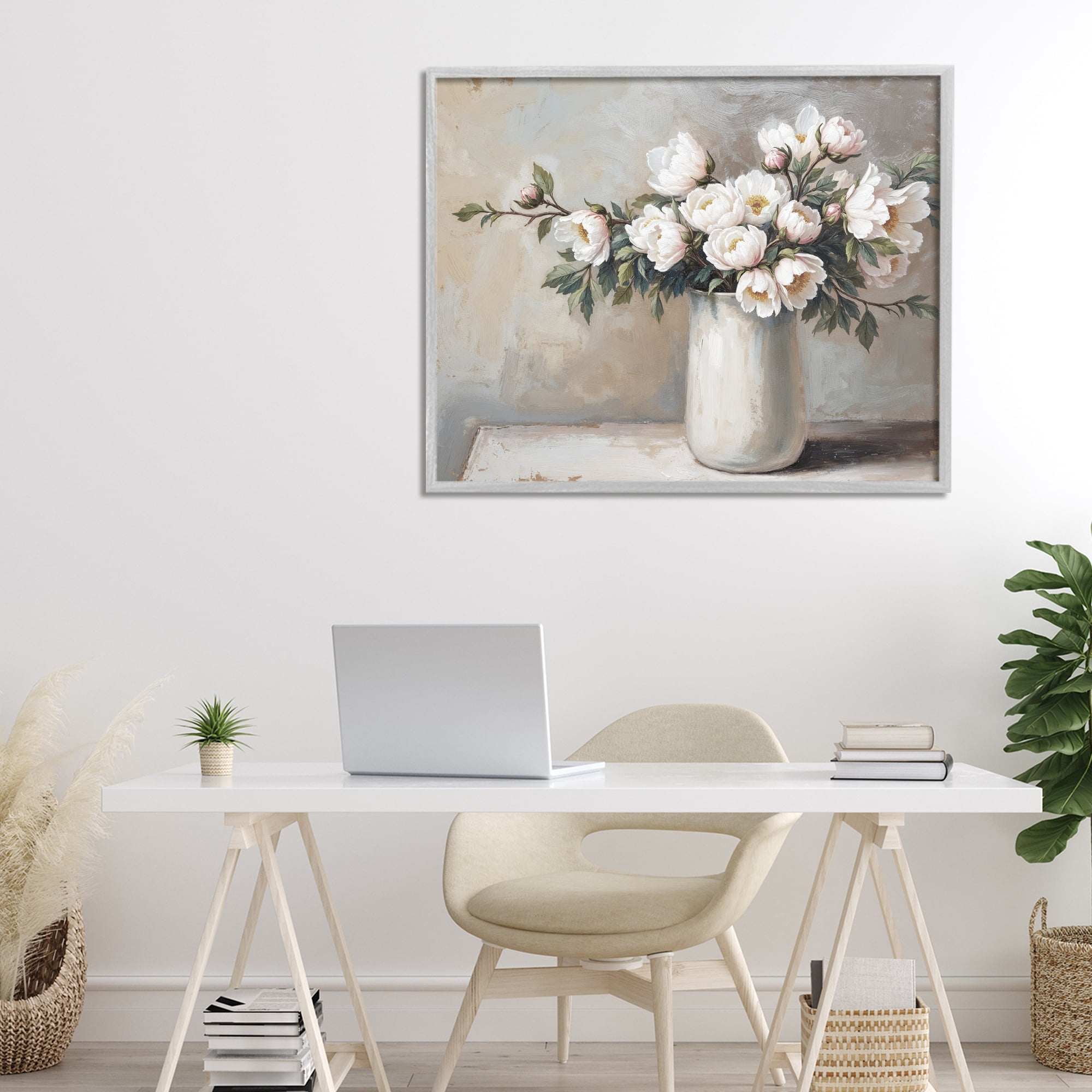 White Flowers in Vase Still Life Gray Framed Giclee Art, design by Lettered and Lined