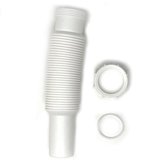 Flexible Sink Pipe, 1-1/2 inch x 15 inch White Plastic Polypropylene Tube with Slip-Joint Nut and Washer, for Tubular Drain Applications