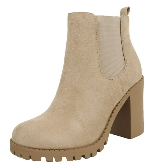 Soda Women's Chelsea Pull On Tab Lug Block Ankle Boot, Wheat , 7 M US