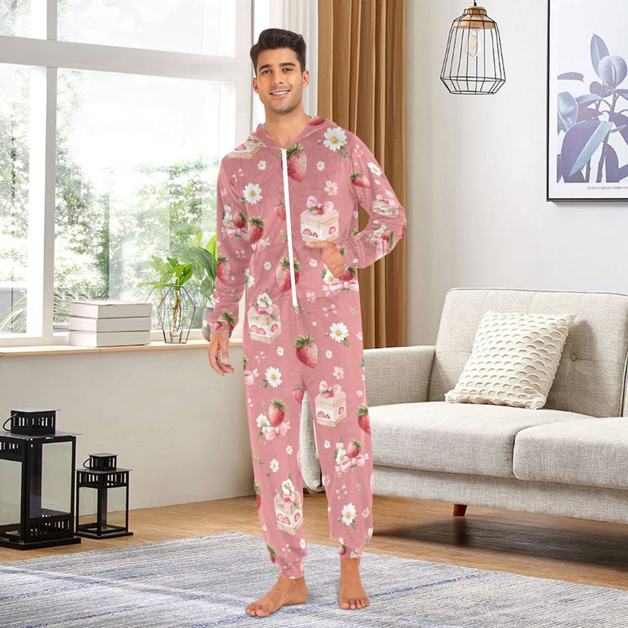 Adult Christmas Onesie Strawberry Cake Bow Pattern Adult Zipper One-Piece Pajamas Unisex Pajamas with Pockets