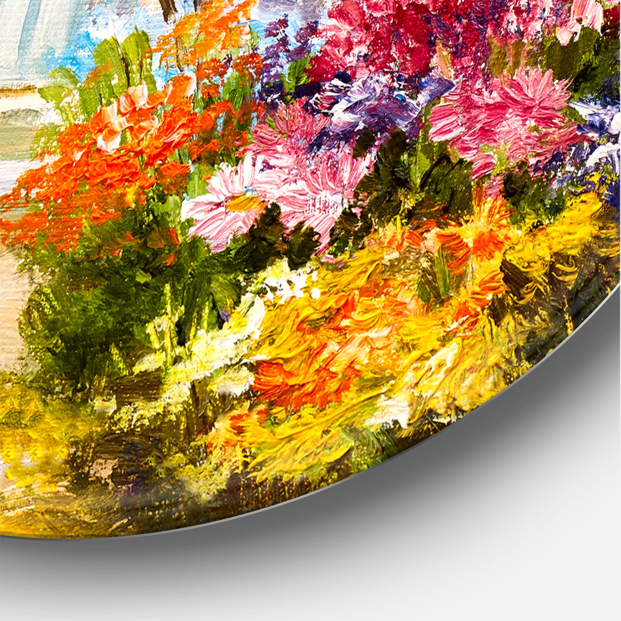 Designart 'The Mountain With Flowers With Little House II' Traditional Circle Metal Wall Art 29x29 - Disc of 29
