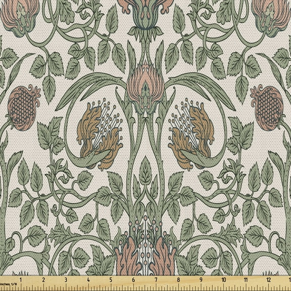 Ambesonne Floral Fabric by the Yard, Swirly Branches Flowers Art, 1 Yard, Beige Peacock Green Peach