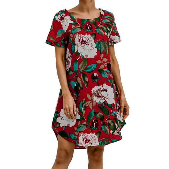 Pompotops Women's Cotton And Linen Flower Printing O-Neck Short Sleeve Mini Dress
