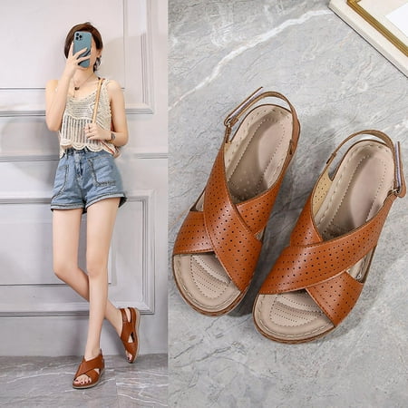 

absuyy Womens Wedge Sandals Open Toe Beach Sandals Boho Fashion Casual Summer Slide Sandals #3 Brown