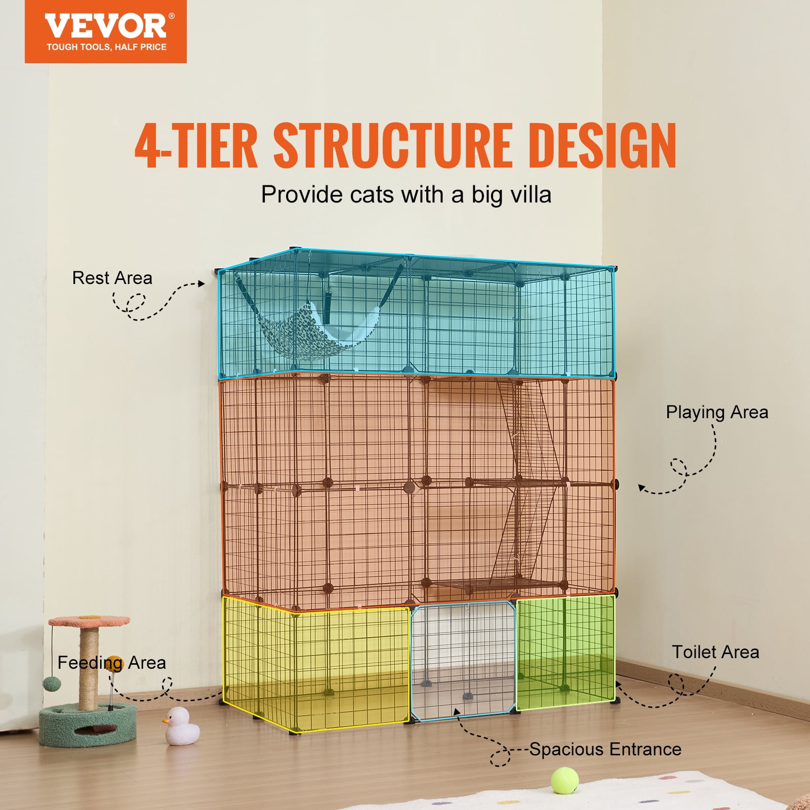 VEVOR Large 4-tier Cat Cage, 41 x 28 x 55", Detachable Metal Wire Cat Enclosure, with 4 Front Doors Hammock Ramp ladders, Indoor & Outdoor Crate Exercise Place Ideal for Kitty, Small Animals, Black