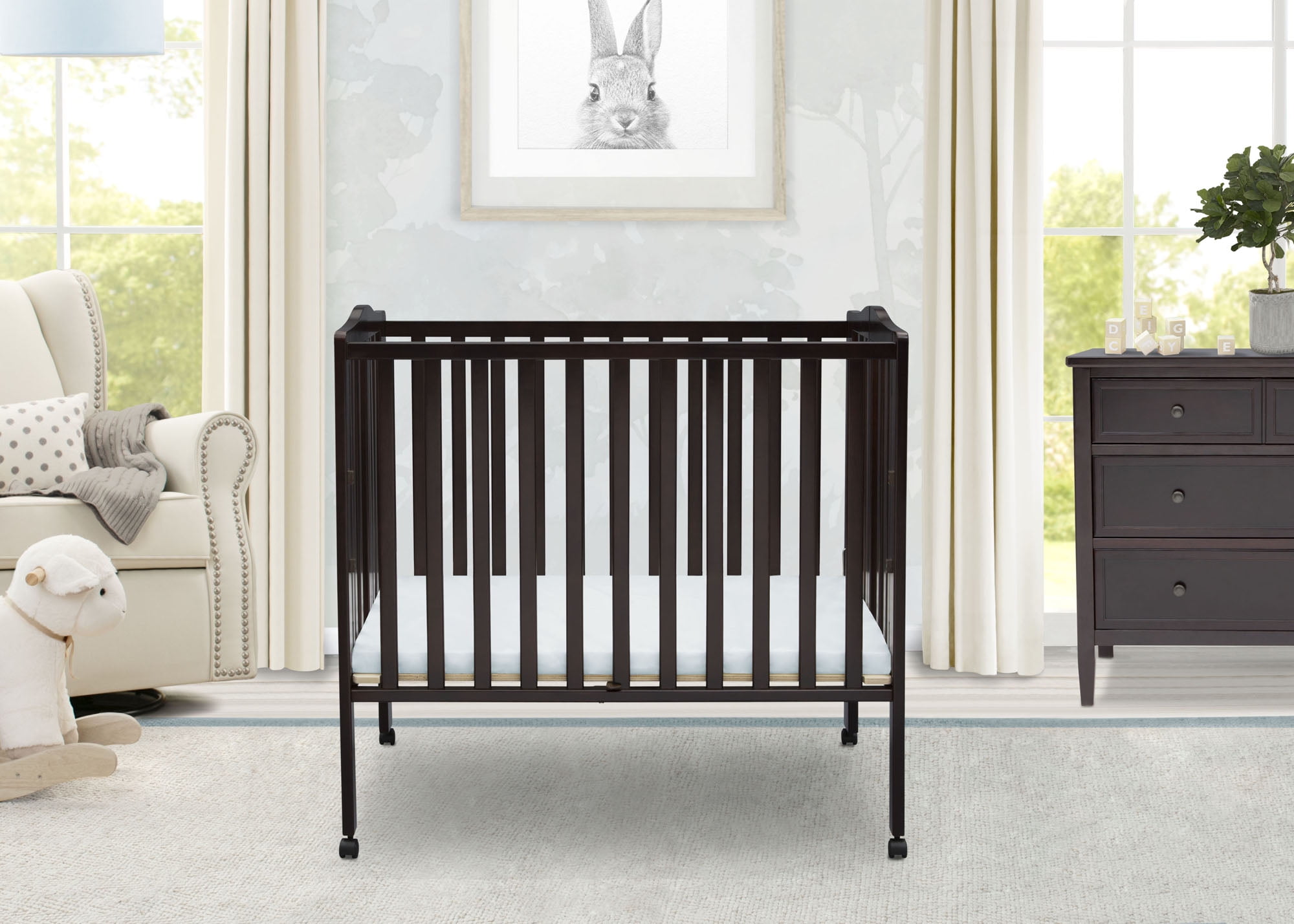 Delta Children Folding Portable Mini Baby Crib with 1.5-inch Mattress - Greenguard Gold Certified, Dark Chocolate Dark Chocolate Crib