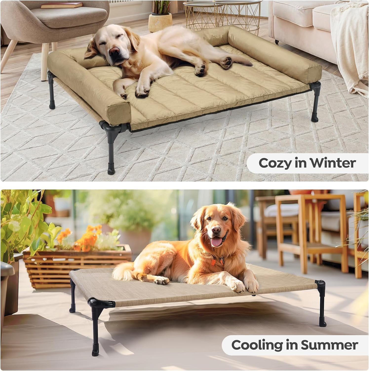 Cooling Elevated Dog Bed + Waterproof Removable Pillow-Top Mat, Bolster Dog Cot Bed, Raised Pet Cot with Breathable Mesh, No-Slip Feet, Dog Couch Bed for Indoor & Outdoor, Large, Beige