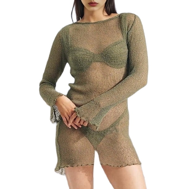 Vestido Mini de Punto con Mangas Largas y Espalda Descubierta para Mujer Color Oliva L