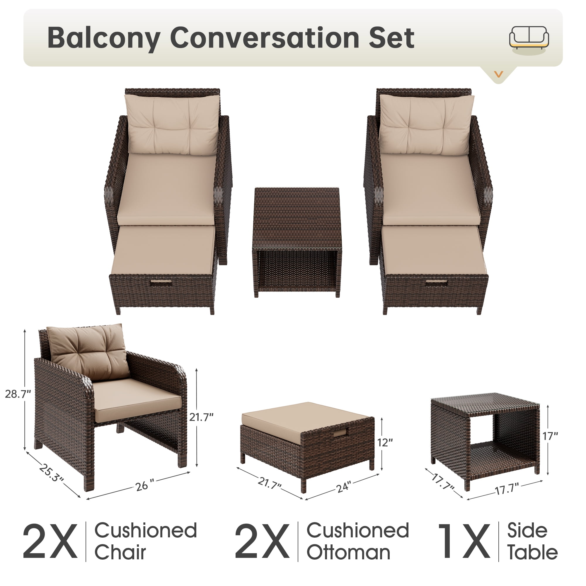 LHBcraft Balcony Furniture 5 Piece Patio Conversation Set, PE Wicker Rattan Outdoor Lounge Chairs with Soft Cushions 2 Ottoman&Glass Table for Porch, Lawn-Brown Wicker (Brown)