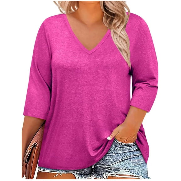 RQYYD Plus Size Tops for Women V Neck 3/4 Sleeve T Shirts Casual Loose Fit Tunic Blouses for Fall Summer