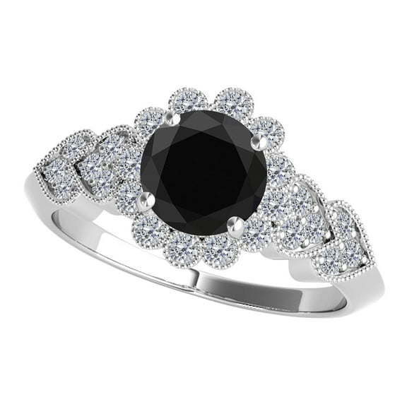 Mauli Jewels Engagement Rings for Women 1.15 Carat Black Diamond Halo Engagement Ring 4 prong 14K Solid White Gold