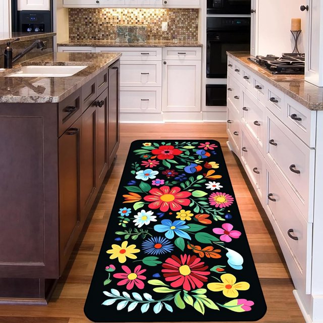 Hallway Rug Strips Kitchen Rug Strips Non-Slip 20"x59" Long Washable Rug Strips, Mexican Colorful Soft Floral Rug Strips for Hallway, Kitchen, Laundry Room, Bedroom, Bathroom(Red)