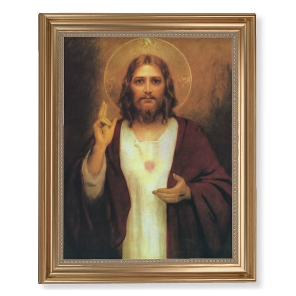 Sacred Heart of Jesus Picture Framed Wall Art Decor Extra Large, Classic Gold-Leaf Fluted Frame with Beaded Lip