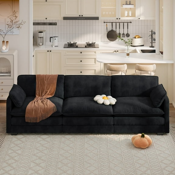 110'' Cloud Couch 3 Seater for Living Room Noelse Soft Deep Seat Sofa with Double Layer Upholstered Seat Cushion I shaped Sectional Couches with 2 Pillows for Living Room Bedroom and Apartment, Black