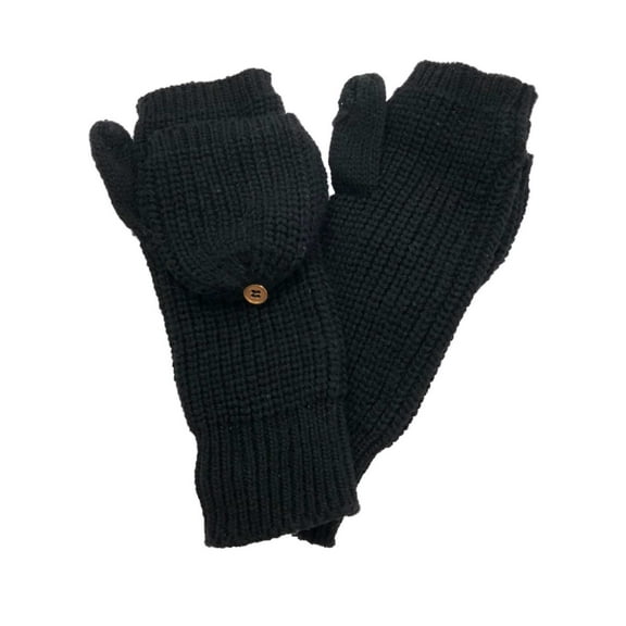 Womens Black Chunky Knit Fingerless Flip Top Convertible Gloves Mittens