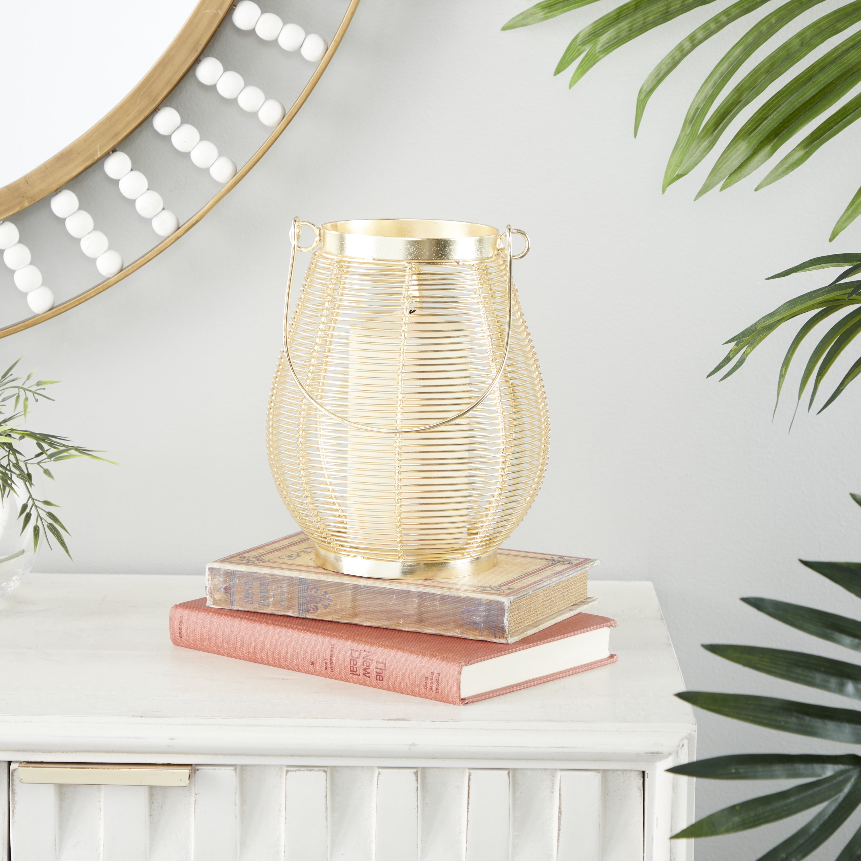 DecMode Gold Metal Decorative Candle Lantern with Thin Metal Handle
