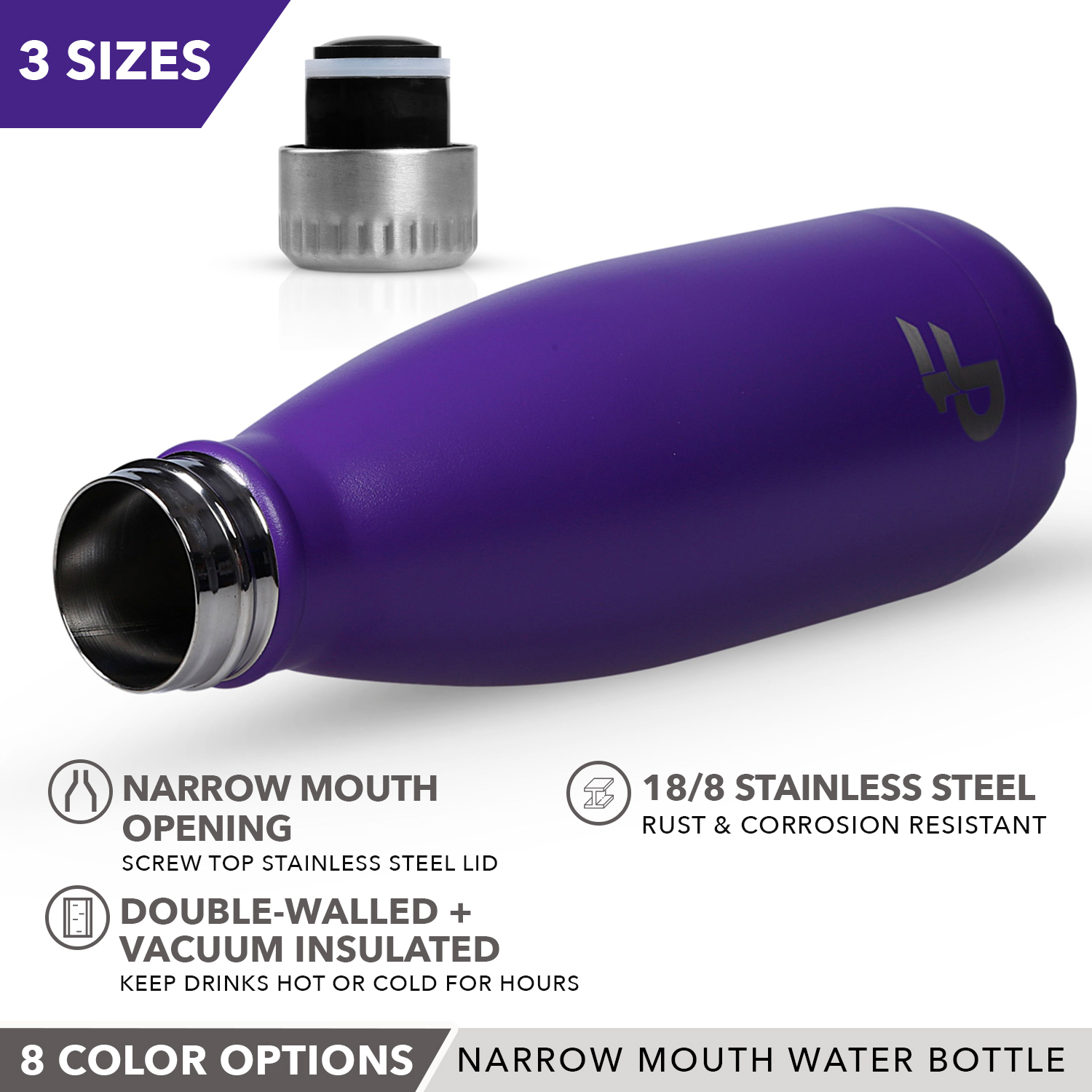Day 1 Fitness 25 oz. Double Wall 18/8 SS Narrow Screw Cap Water Bottle Purple