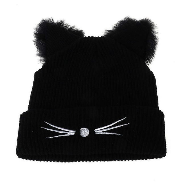 Lovely Cats Ears Knitted Hat With Fur Trim Women Solid Color Winter Warm Hats Lady Kawaii Winter Beanies Casual Wool