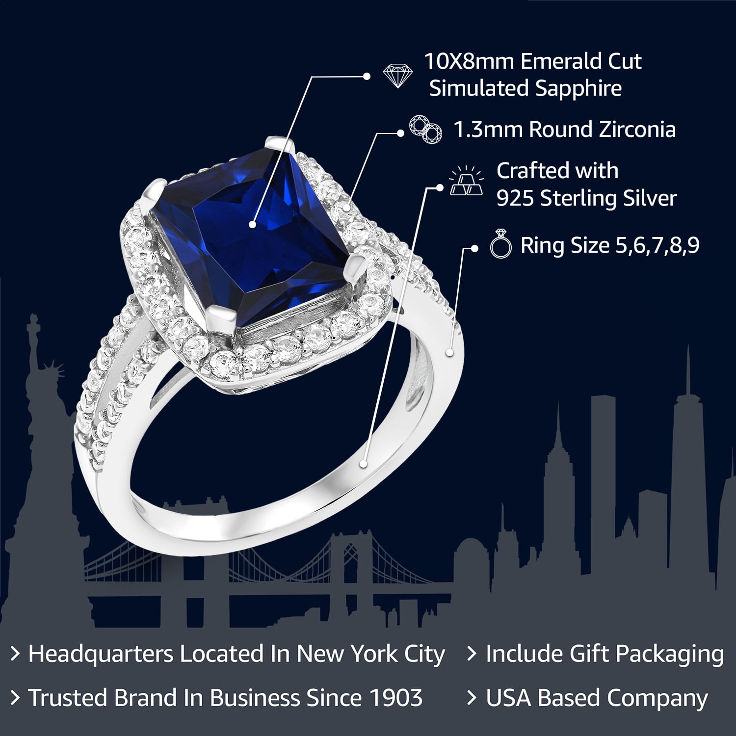 Gem Stone King 4.58 Cttw Blue Simulated Sapphire Engagement Ring for Women | 925 Silver | 10X8MM Emerald Cut | Gemstone Birthstone | Wedding Engagement Anniversary Promise Ring for Women| Size 7