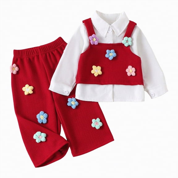Xyant Toddler Baby Girl Clothes Outfit Long Sleeve Blouse Polo Shirt Top 3D Flower Vest Pants 3 Piece Outfits Set (Red,18-24 Months)