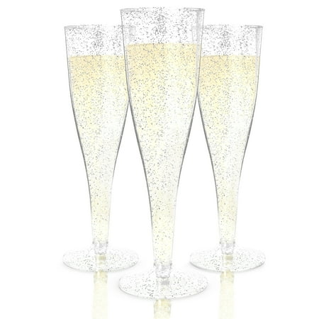 Host & Porter Silver Glitter Plastic Champagne Flutes, 5oz, 50 Count