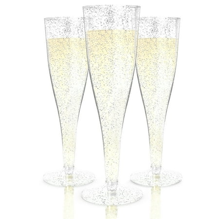 Host & Porter Silver Glitter Plastic Champagne Flutes, 5oz, 50