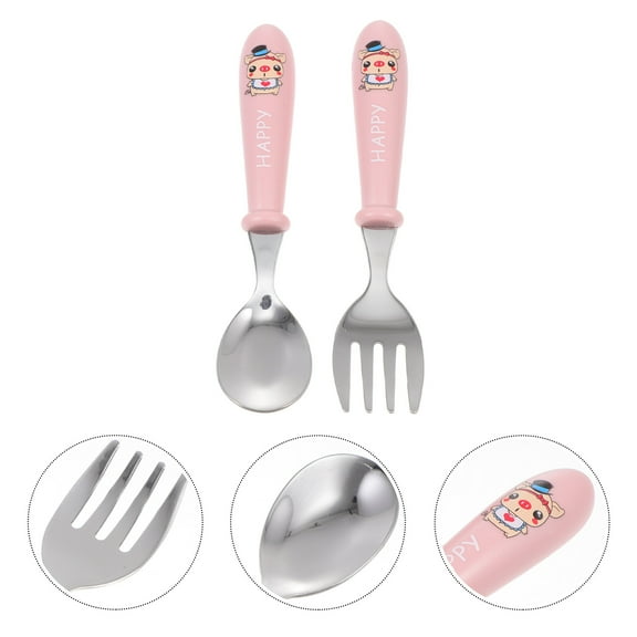 FRCOLOR Baby Training Spoon Fork Set with Storage Box Dustproof and Hygienic for Baby Use Pink ABS Stainless Steel