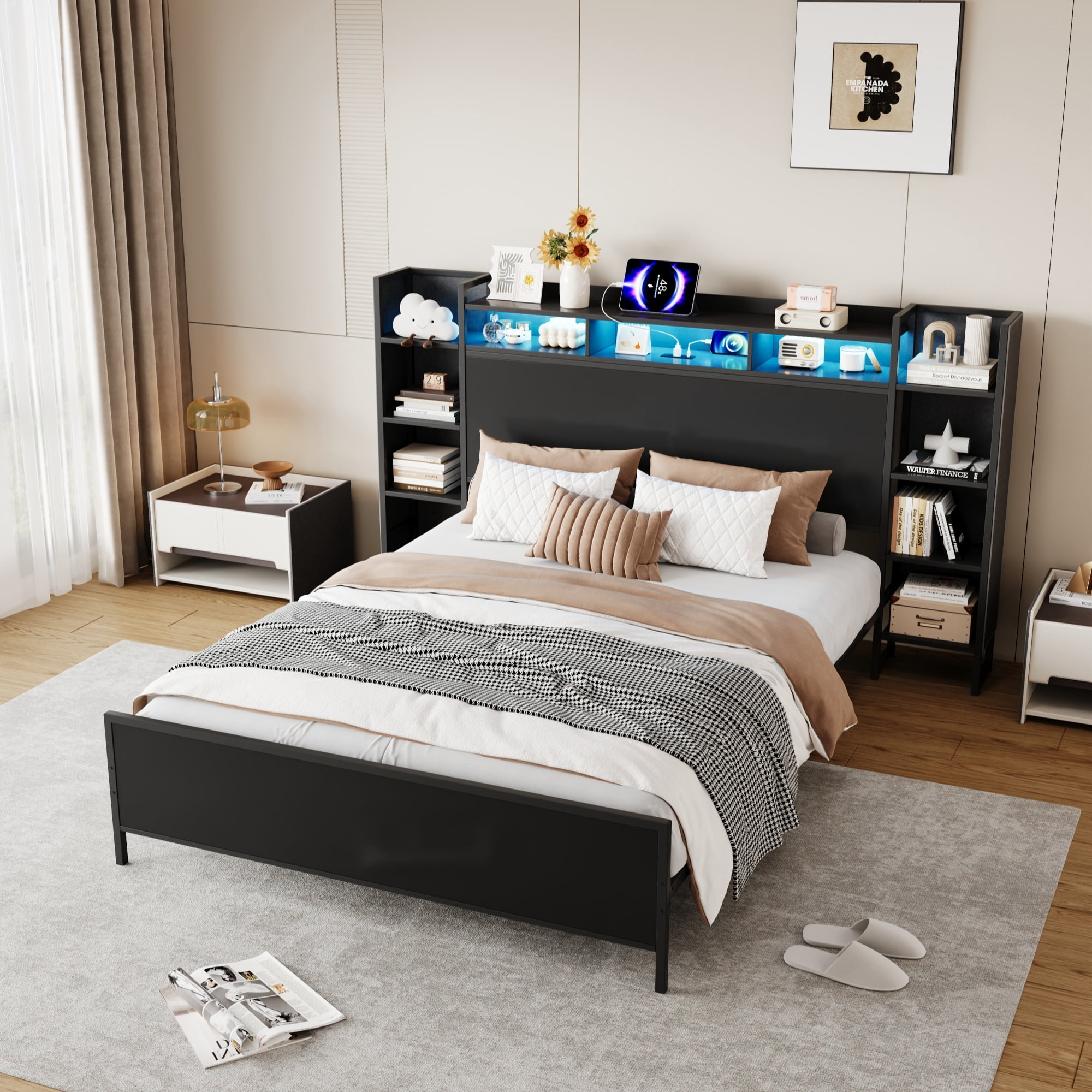 Mintazer King Size Bed Frame with LED Bookshelf Headboard & Charging Station, Modern Platform Bed for Bedroom Guest Room, Black