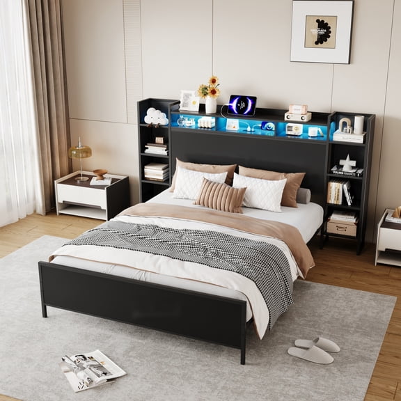Queen Size Bed Frame with USB Charging Station, Storage Headboard & LED Lights, Heavy Duty Metal Platform, No Box Spring Needed, for Bedroom, Black