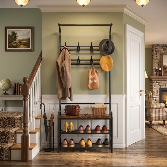 Hall Tree with Shoe Bench, Entryway Coat Rack with 8 Hooks, 2-Tier Shoe Storage Shelves and Top Display Rack, Rustic Brown