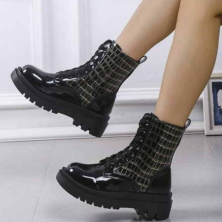 

Tawop Casual Shoes for Women Fashion Leather Shoes Boot Flat Thick Sole Combat Boot Round Toe Vintage Lace Up Boot Rubber Gold 41(Us:8.5)