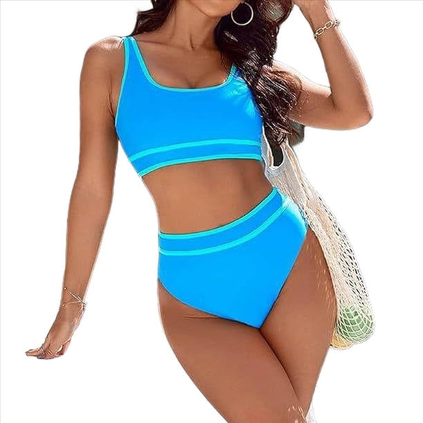 Conjuntos de Bikini para Mujer, Trajes de Baño Deportivos de Dos Piezas, Trajes de Baño de Corte Alto con Bloques de Color, Azul M