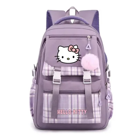 Kawaii Cat Themed Plaid Backpack, Lightweight Casual School Bag with Multiple Pockets, for Students & Travel