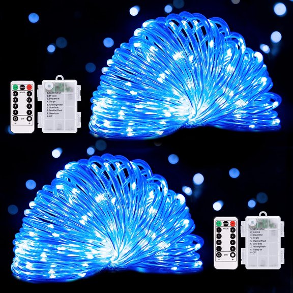 Morttic 2 Pack Rope Lights Battery Operated, 33Ft 100 LED Battery Rope Lights Outdoor Waterproof, 8 Modes Trampoline String Lights for Pool Garden Walkway Patio Decorations (Blue)