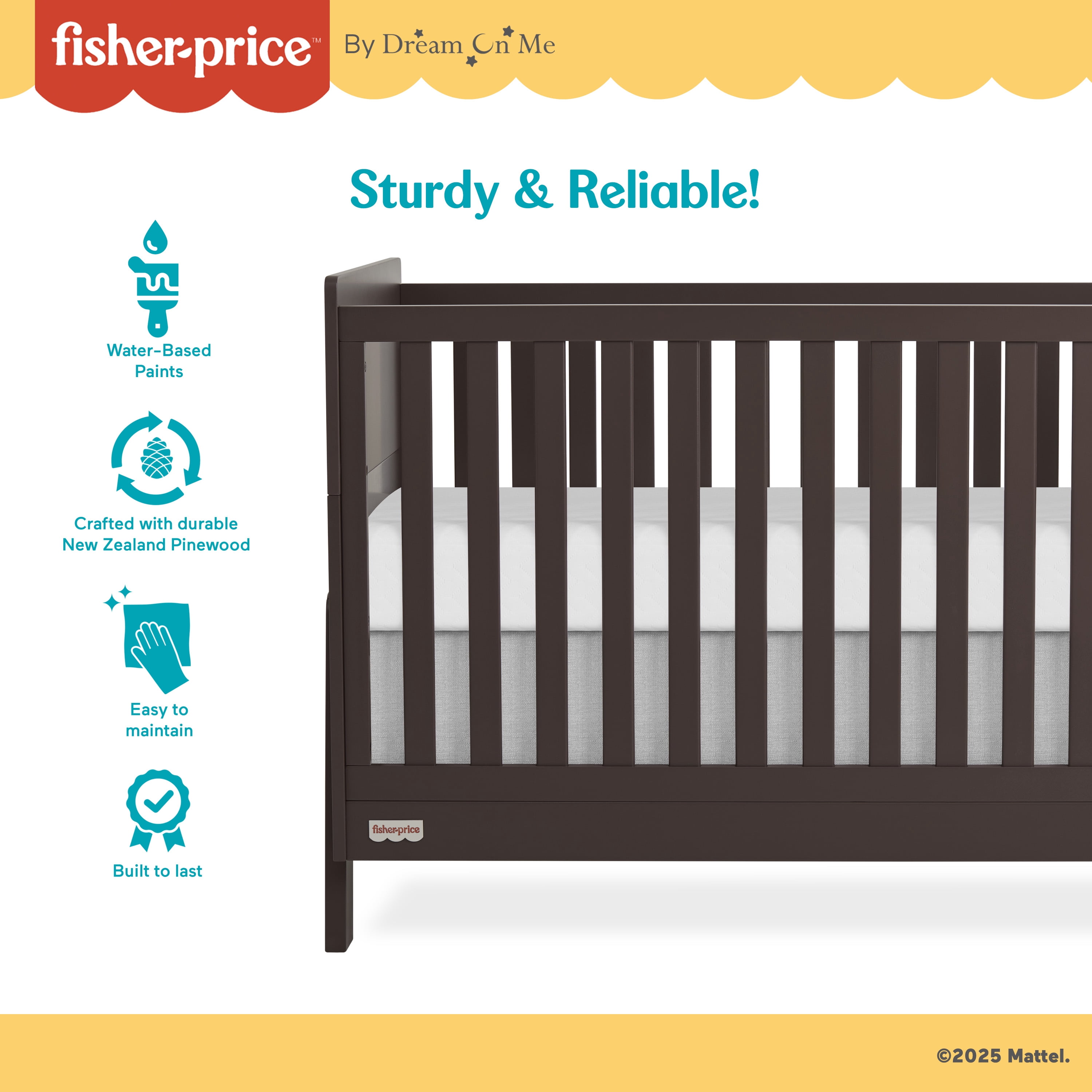 Fisher Price Iris 4  in 1 Convertible Crib by Dream On Me, Chocolate Chip
