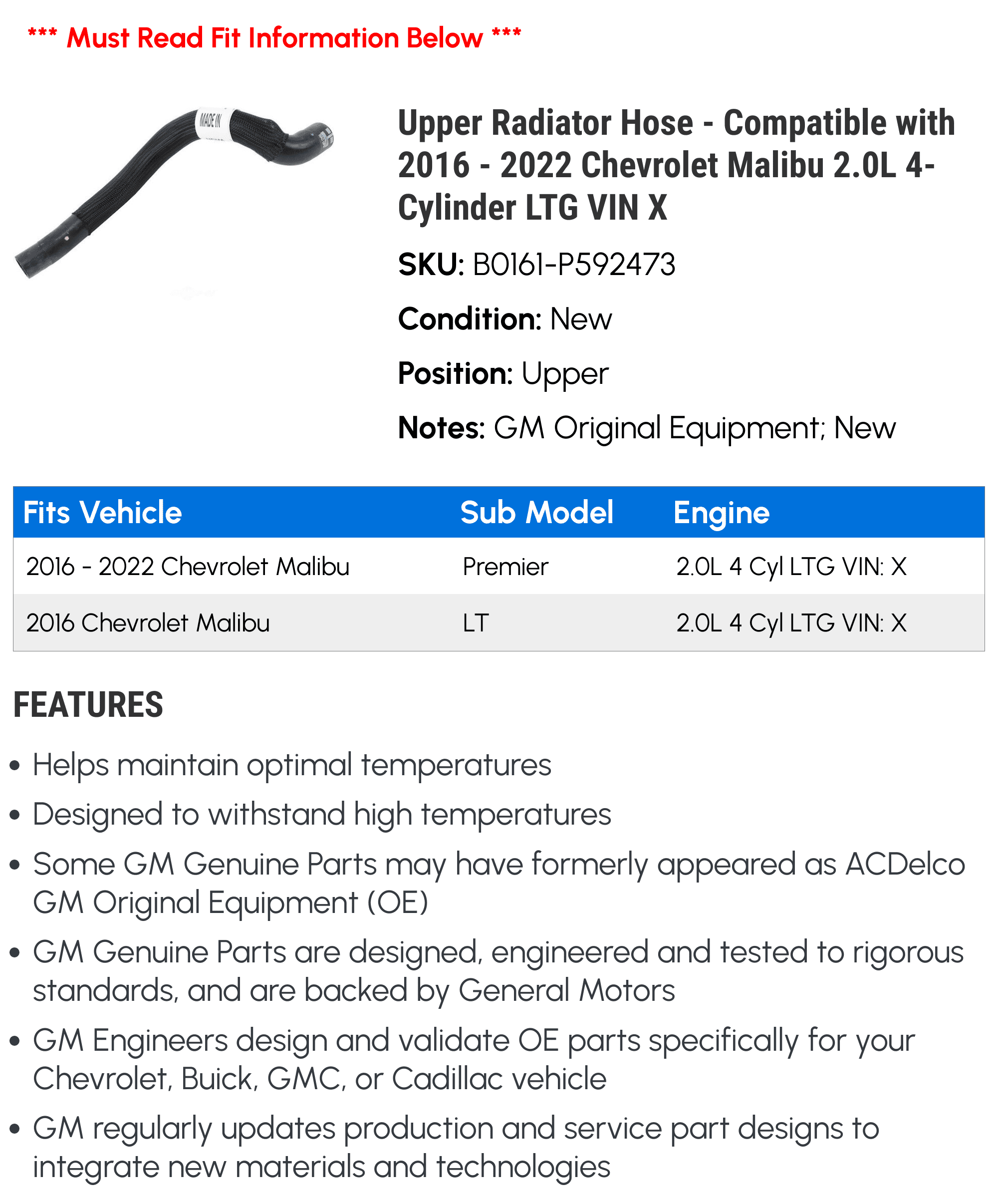 Upper Radiator Hose - Compatible with 2016 - 2022 Chevrolet Malibu 2.0L 4-Cylinder LTG VIN X - AC Delco