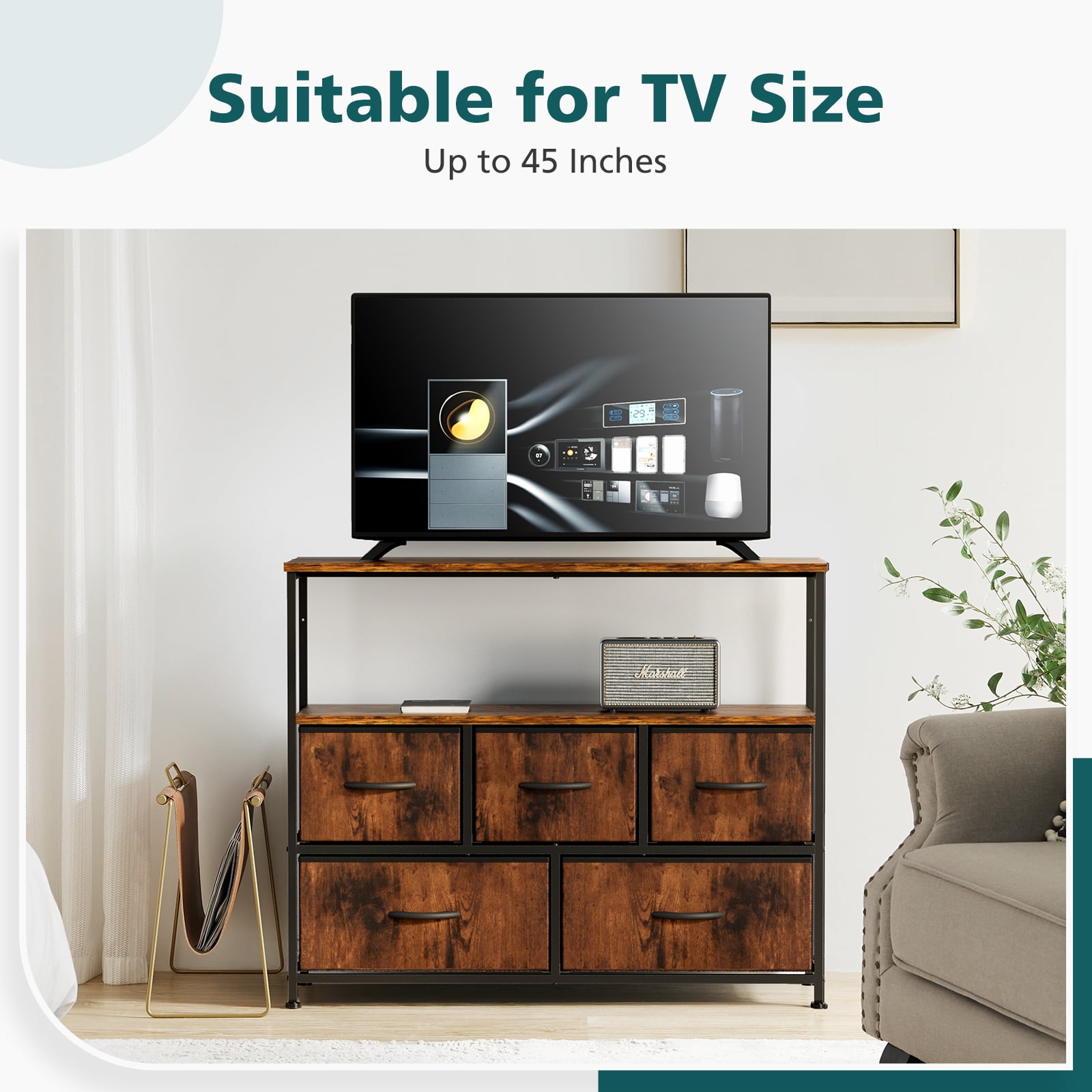 Aukfa 5 Drawer Dresser,Wide Chest of Drawers for Bedroom with Metal Frame for TV,Brown