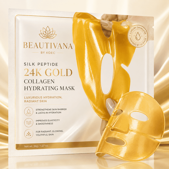 Beautivana KOEC Silk Peptide 24K Gold Collagen Hydrating Face Mask, Single-Use Sheet Mask