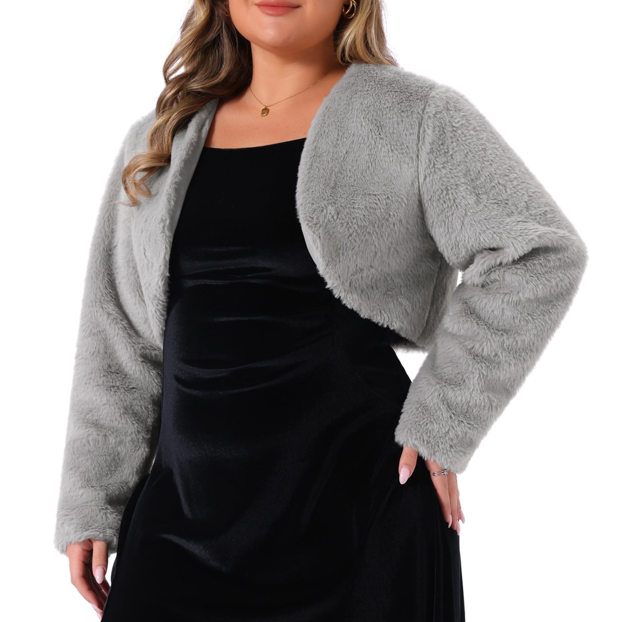 DARING DIVA Women's Plus Size Open Front Faux Fur Bolero Crop Jackets 2X Grey