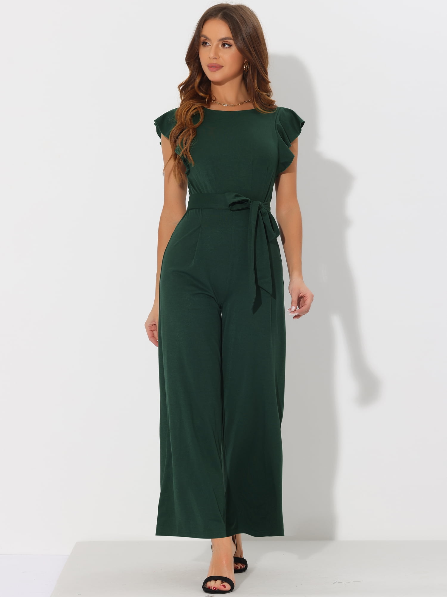 DARING DIVA Women's Sleeveless Ruffle High Waist Belted Romper Jumpsuits XS Dark Green