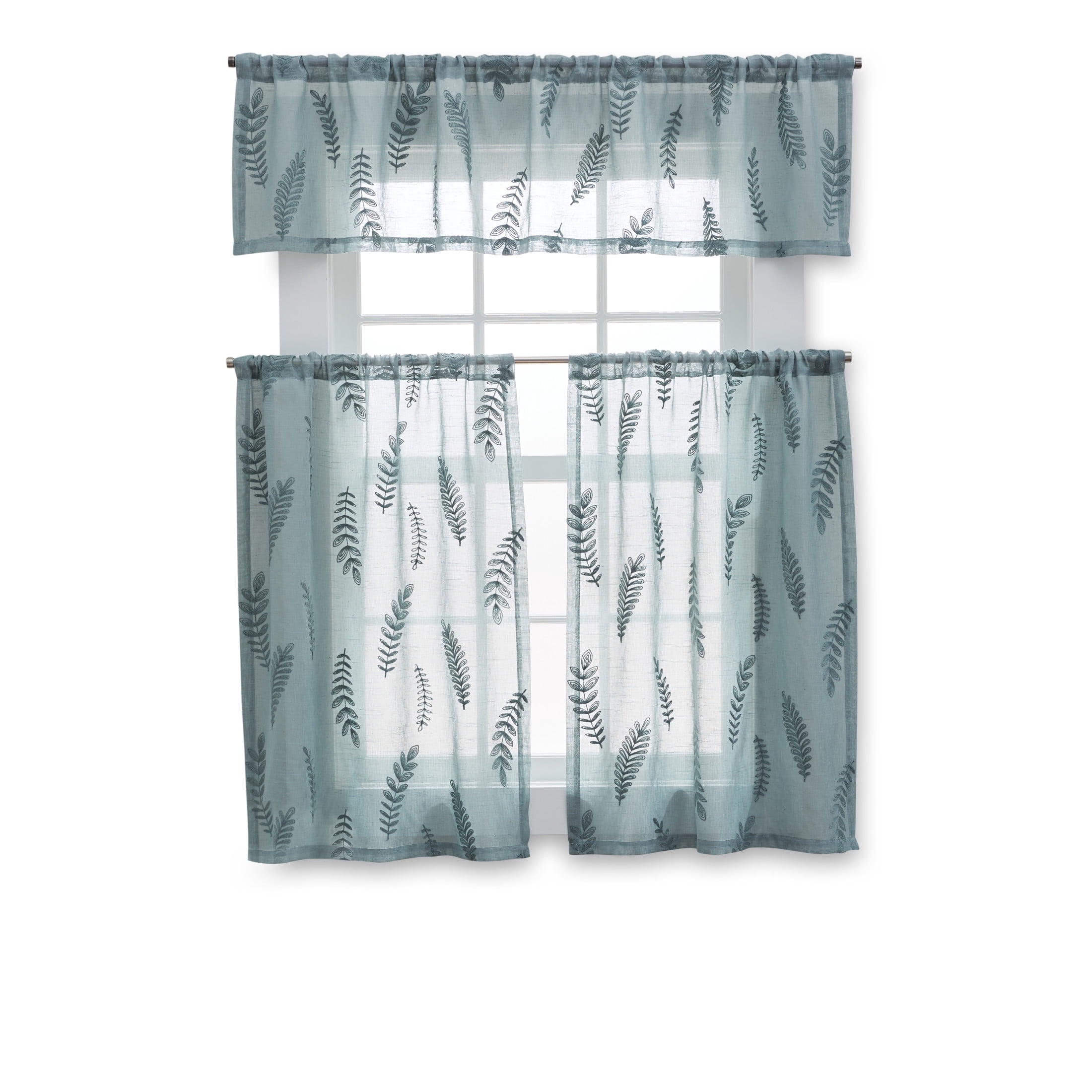 Better Homes & Gardens Embroidered Botanical Valance & Tier Set, 3-Piece Curtain, Green River, 60"W x 36"L, Indoor, Adult, Teen