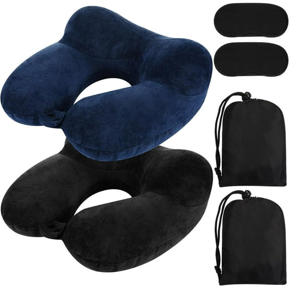 BlinkL 2 Pack Inflatable Travel Pillow for Airplanes Inflatable Neck Flight Pillows with Compact Bag and Blindfold for Traveling, Airplane, Train, Car, Office(Gray and Blue)