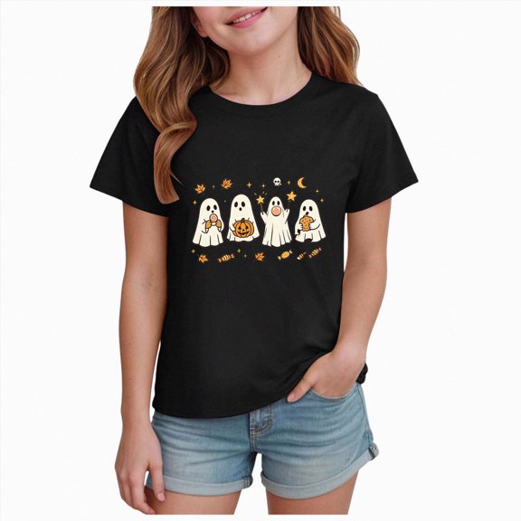larppty Kid Boy Girls Halloween T-Shirt Ghost Pumpkin Shirts Spooky Season Tees Short Sleeve Fall Tops Outfits (Black,2-3 Years)