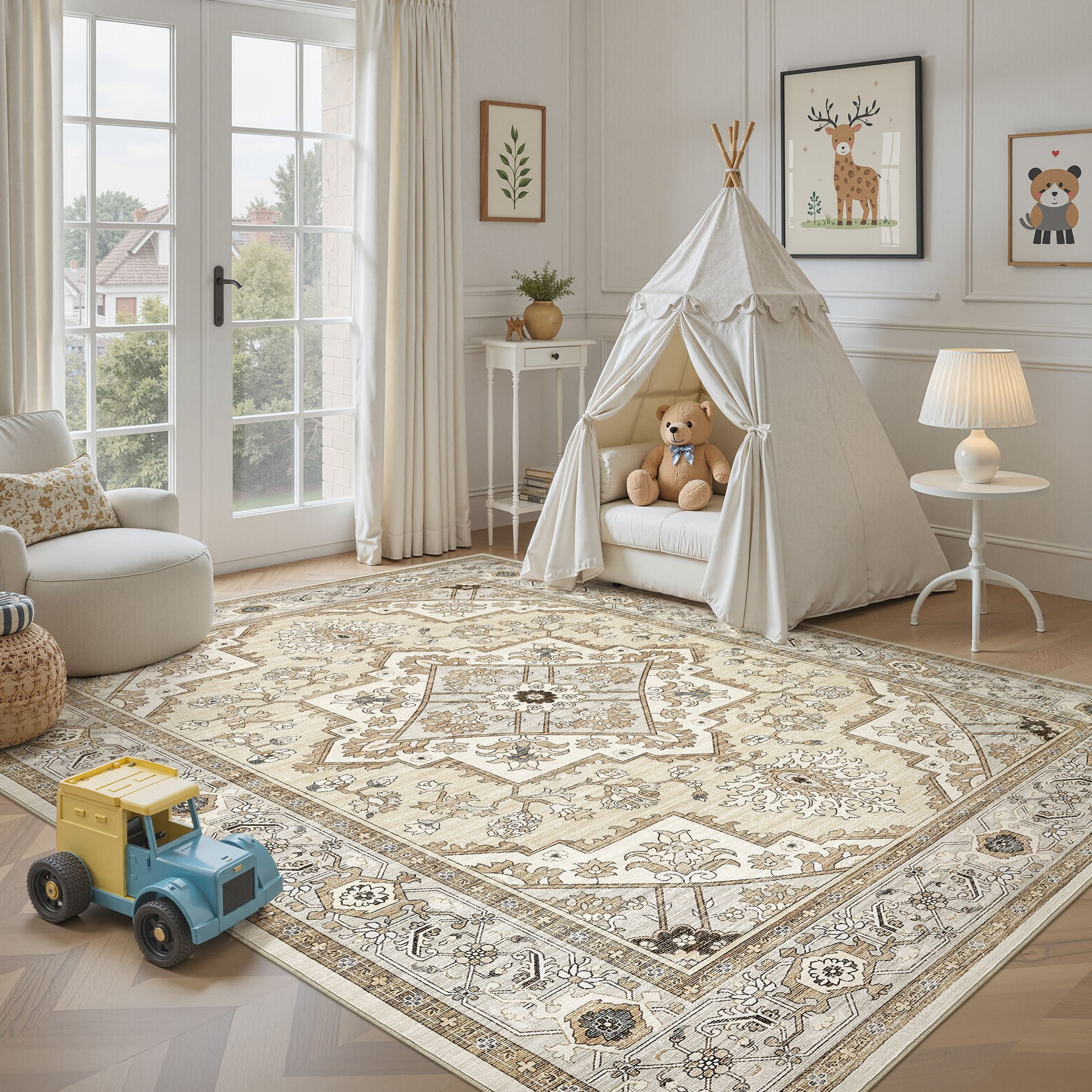 UERMEI 10'x14' Washable Large Area Rugs for Living Room, Vacuum friendly, Vintage Floral Boho Printed Carpet, Non Slip Indoor Rugs for Bedroom Home Decor Carpets, Brown/Cream