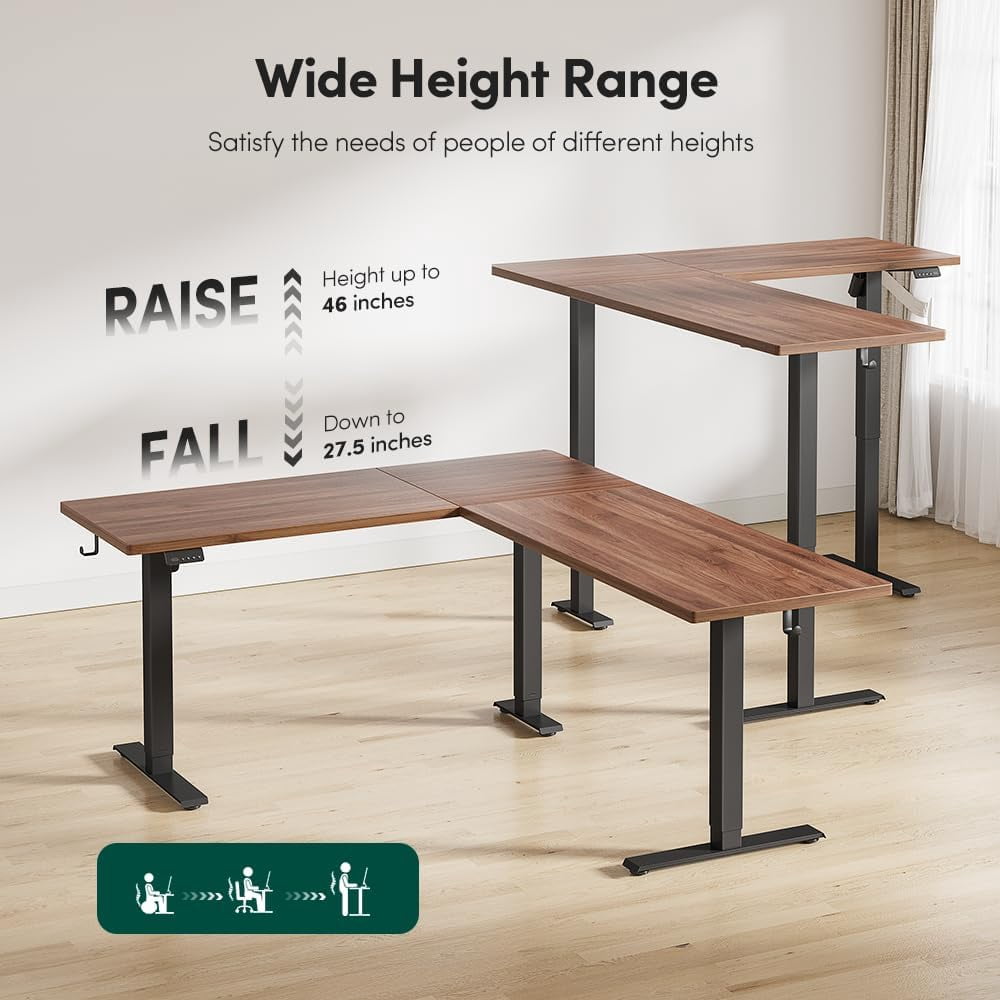 DESINO Standing Desk, 75” Adjustable L Shaped Standing Desk, Electric Height Adjustable Computer Desk, Black Walnat